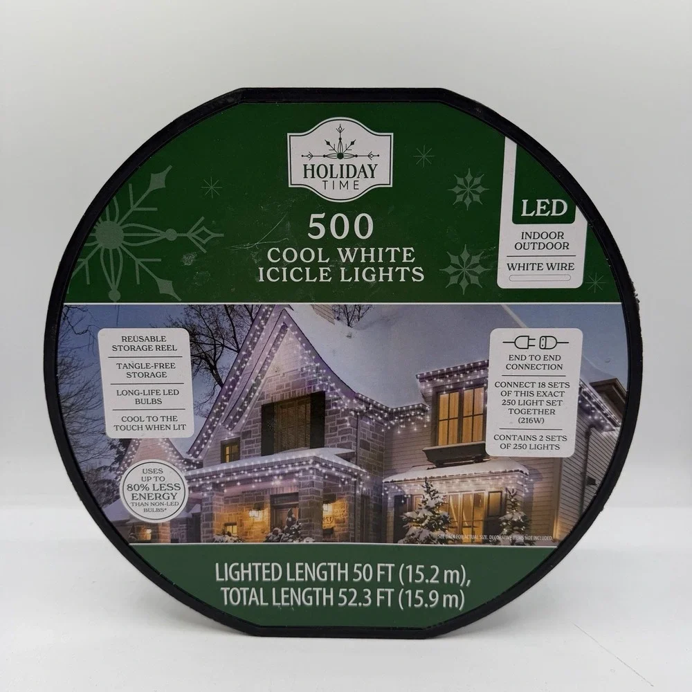 Holiday Time 500 Cool White Icicle LED Christmas Lights White Wire 52.3 FT NEW